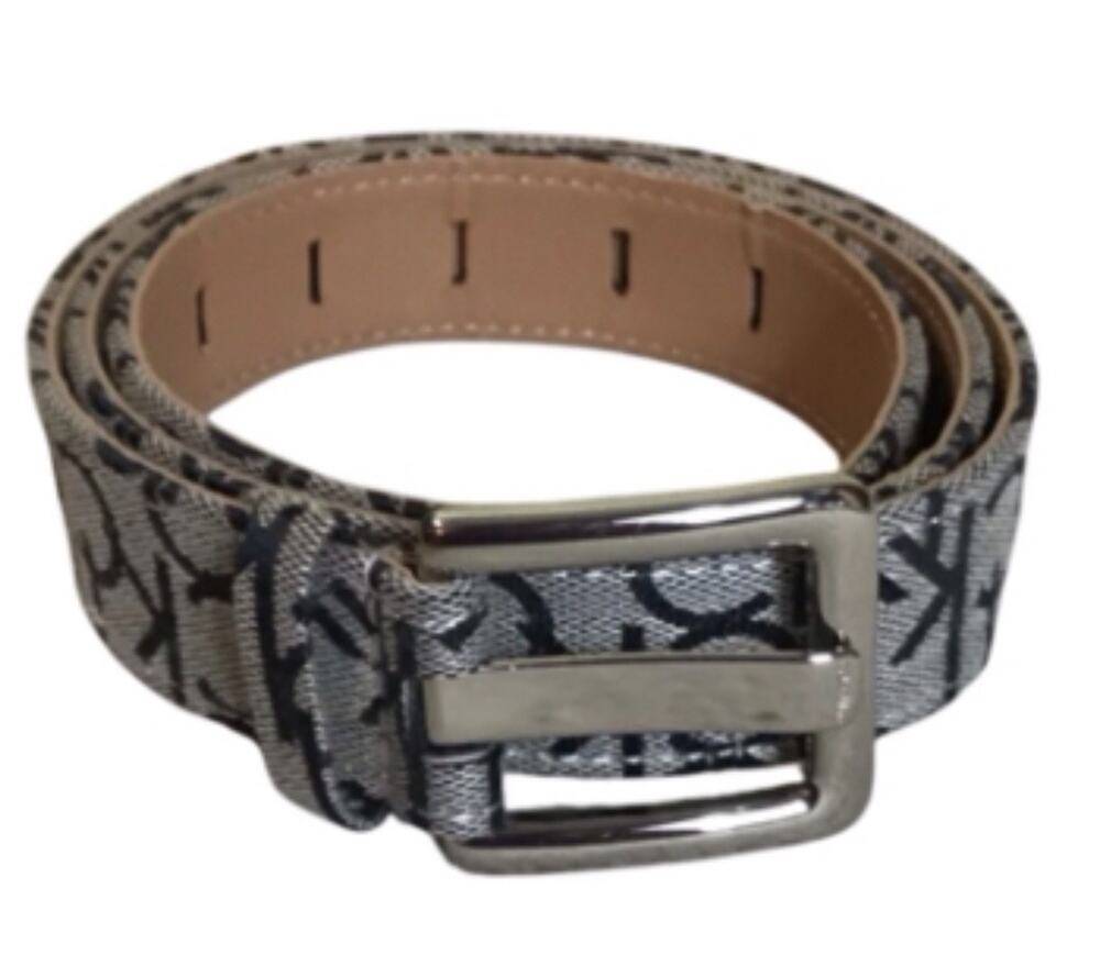 Calvin Klein CK logo monogram patterned fabric belt silver-tone metal buckle